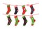 Cartoon socks. Children clothing elements with cute Christmas patterns drying on rope, Vector winter holidays flat set