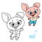 Cartoon soft toy pink pig outlined and color for coloring book