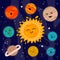 Cartoon Solar system. Heavenly science poster with space objects with cute faces. Colorful planets on space background sun stars,