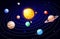 Cartoon solar system. Orbit astronomy space scheme, galaxy celestial bodies and planets satellites, universe planetary