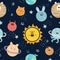 Cartoon solar system pattern. Space vector background with cute planets