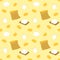 Cartoon soy food seamless pattern background with tofu or bean curd, soy milk and soybean or soya bean in a sack.