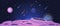 Cartoon space banner with purple planet surface with craters on night galaxy sky