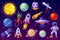 Cartoon space elements. Alien, ufo spaceship, rocket, astronaut, asteroid, satellite, telescope. Colorful universe