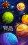 Cartoon space planets poster, alien galaxy world