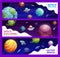 Cartoon space planets and ufo vector banners set