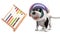 Cartoon space puppy dog on Mars watches floating abacus, 3d illustration