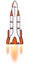 Cartoon space rocket with orange white body with flame from nozzles, isolated on white. Rough sketch style. Design element