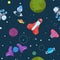 Cartoon space seamless pattern. Alien planets ufo rockets and missiles. Galaxy kid boy room vector wallpaper