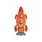 Cartoon space ship launch with porthole windows. Red manned rocket. Flying spacecraft. Cosmos, galaxy theme. Flat vector