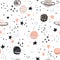 Cartoon space themed background: cute planets, moon, stars, galaxy, milky way with grunge, doodle textures