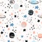 Cartoon space themed background: cute planets, moon, stars, galaxy, milky way with grunge, doodle textures