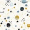 Cartoon space themed background: cute planets, moon, stars, galaxy, milky way with grunge, doodle textures