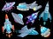 Cartoon spaceship. Futuristic space rocket vehicles, alien flight spacecraft ship ufo and aerospace rocketship isolated