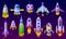 Cartoon spaceships. Futuristic rockets, spacecraft with space background. Colorful space aircraft, shuttle or vehicle