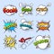 Cartoon speech bubbles, explode bang sound with comic text elements vector collection