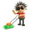 Cartoon spiky punk rocker moving the lawn with a lawnmower, 3d illustration