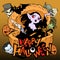 Cartoon spooky and funny illustration with a pretty evil vampire girl. She hides in a huge pumpkin looking out of it with a knife