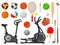 Cartoon sport equipment. Ball collection, flat balls and racket, golf accessories. Gym elements, sporting and outdoor