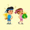 Cartoon sport man holding trophy and sport woman holding money bag