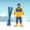 Cartoon sportsman skier against the background of snow-capped mountains. The concept of sport and competition. Flat