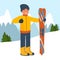 Cartoon sportsman skier against the background of snow-capped mountains. The concept of sport and competition. Flat