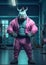 Cartoon sporty rhinoceros training in the gym, AI