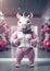 Cartoon sporty rhinoceros training in the gym, AI