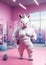 Cartoon sporty rhinoceros training in the gym, AI