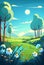 Cartoon spring country meadow landscape background of a springtime green pasture field with a blue summer sky