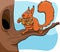 Cartoon squirrel carrying acotns to the hollow