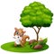 Cartoon squirrel dancing under a tree on a white background