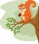 Cartoon squirrel holding pine cone on tree branch