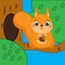 Cartoon squirrel sitting on tree branch holding hazelnut