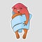 Cartoon squirrel with a thermometer in his hand, wrapped in a blue blanket, lay sick. Vector sticker