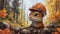 A cartoon squirrel wearing a hard hat sitting in the woods, AI