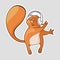 Cartoon squirrel in white headphones on his head, listens to music and dances. Vector sticker