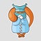 Cartoon squirrel in winter clothes, a hat and a down jacket, warms his paws in white mittens. Vector sticker