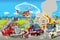 Cartoon stage with different machines for firefighting and ambulance colorful and cheerful scene