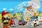 Cartoon stage with different machines for firefighting and ambulance colorful and cheerful scene