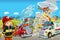 Cartoon stage with different machines for firefighting and ambulance colorful and cheerful scene