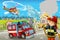 Cartoon stage with different machines for firefighting colorful and cheerful scene with fireman