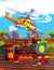 Cartoon stage with different machines one for emergency and train colorful and cheerful scene
