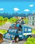 Cartoon stage with different police vehicles - truck and motorbike - colorful and cheerful scene