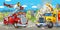 Cartoon stage with fire fighter and his vehicle in front of happy cargo truck colorful and cheerful scene