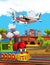 Cartoon stage with train machine older locomotive and flying patrol plane colorful and cheerful scene