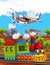 Cartoon stage with train machine older locomotive and flying patrol plane colorful and cheerful scene