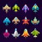 Cartoon starship, spacecraft and spaceship icons