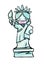 Cartoon Statue of Liberty wearing medical mask, pink color mask. Sad and unhappy emotion, tear drop on face. Isolated Cartoon