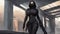 cartoon statue of a person half human A stealthy and deadly cyborg assassin with a sleek black suit,